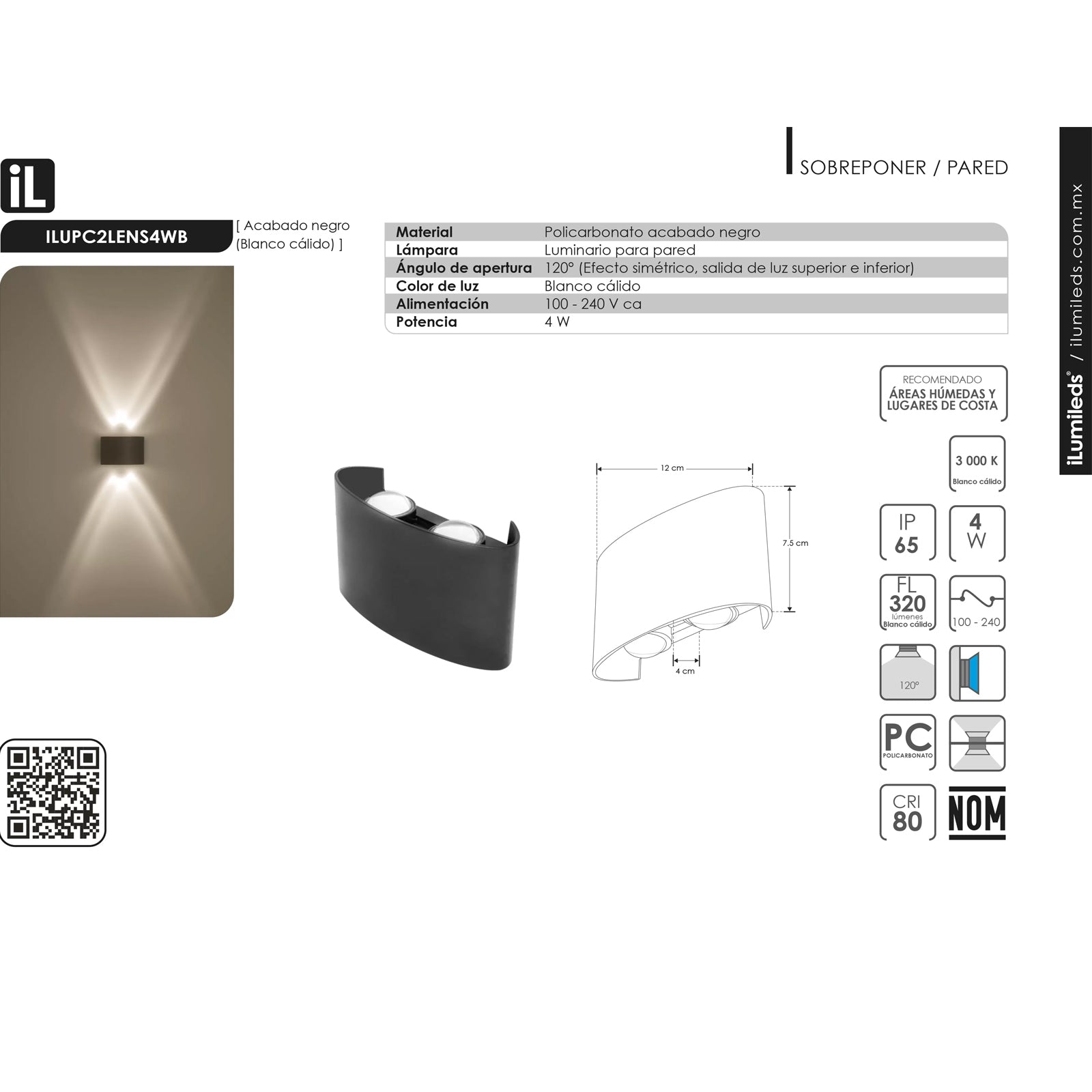 Arbotante de Luz LED B Cálido 4W 85-265V 2700K - Ilumileds